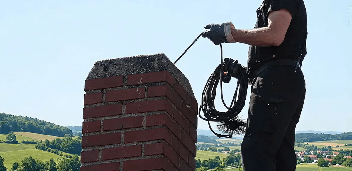 Chimney sweep inspecting and cleaning a rooftop chimney in Ann Arbor, MI