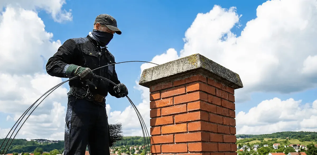 Chimney sweep cleaning a brick chimney with professional tools in Ann Arbor, MI
