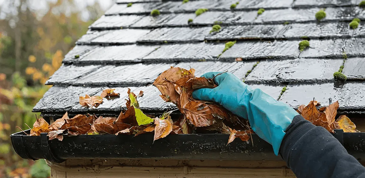 Gutter cleaning technician clearing wet leaves from roof gutters in Ann Arbor, MI
